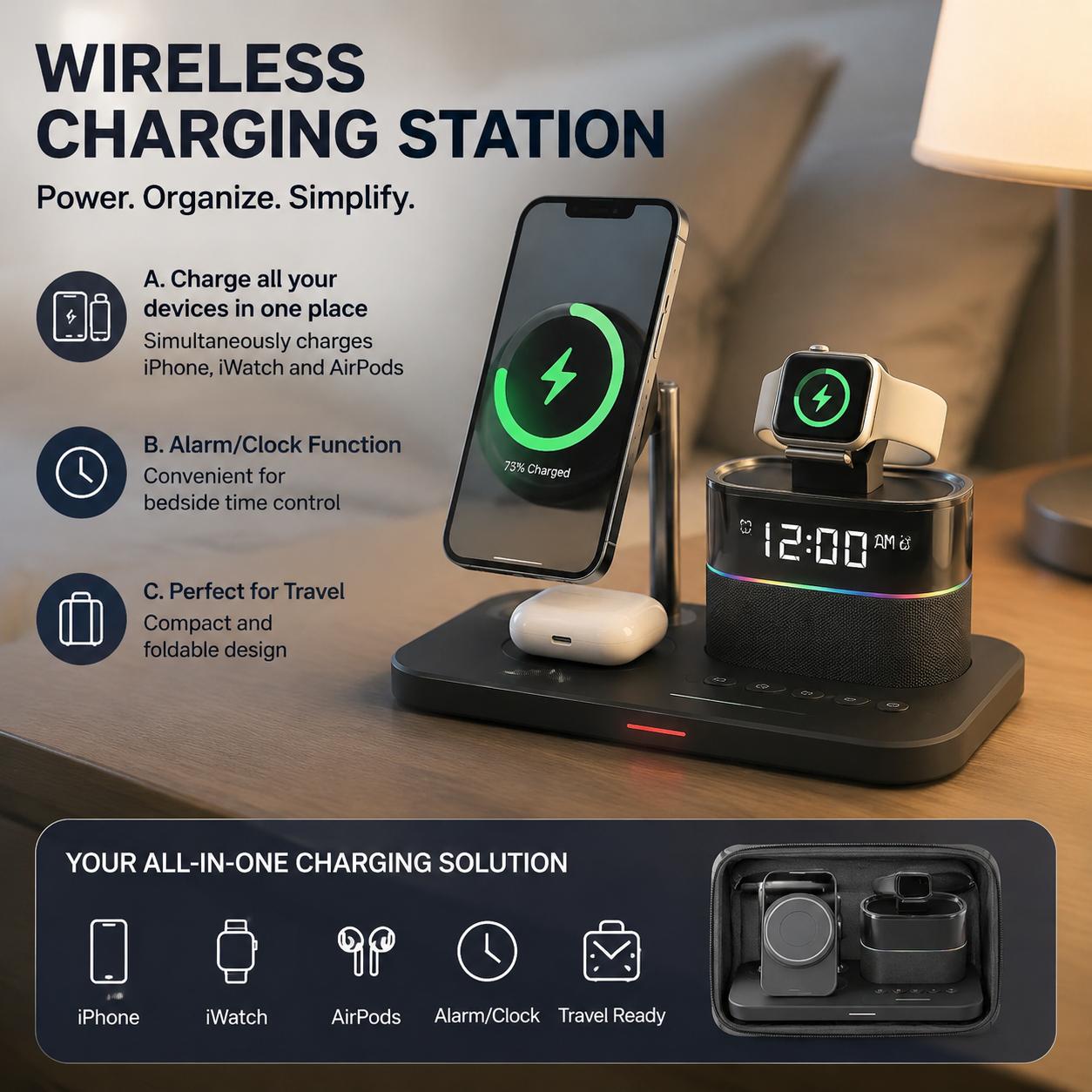 Smartwatch Ac - 磁気ワイヤレス充電ステーション（iPhoneシリーズ12、13、14、15、16、17、Watch Ultra 8、7、6、5、イヤホン用充電スタンド）多機種対応充電パッド（デスク、自宅、オフィス、旅行用）スマホ15W、ウェアラブル5Wの急速充電対応、360度回転デスクスタンド