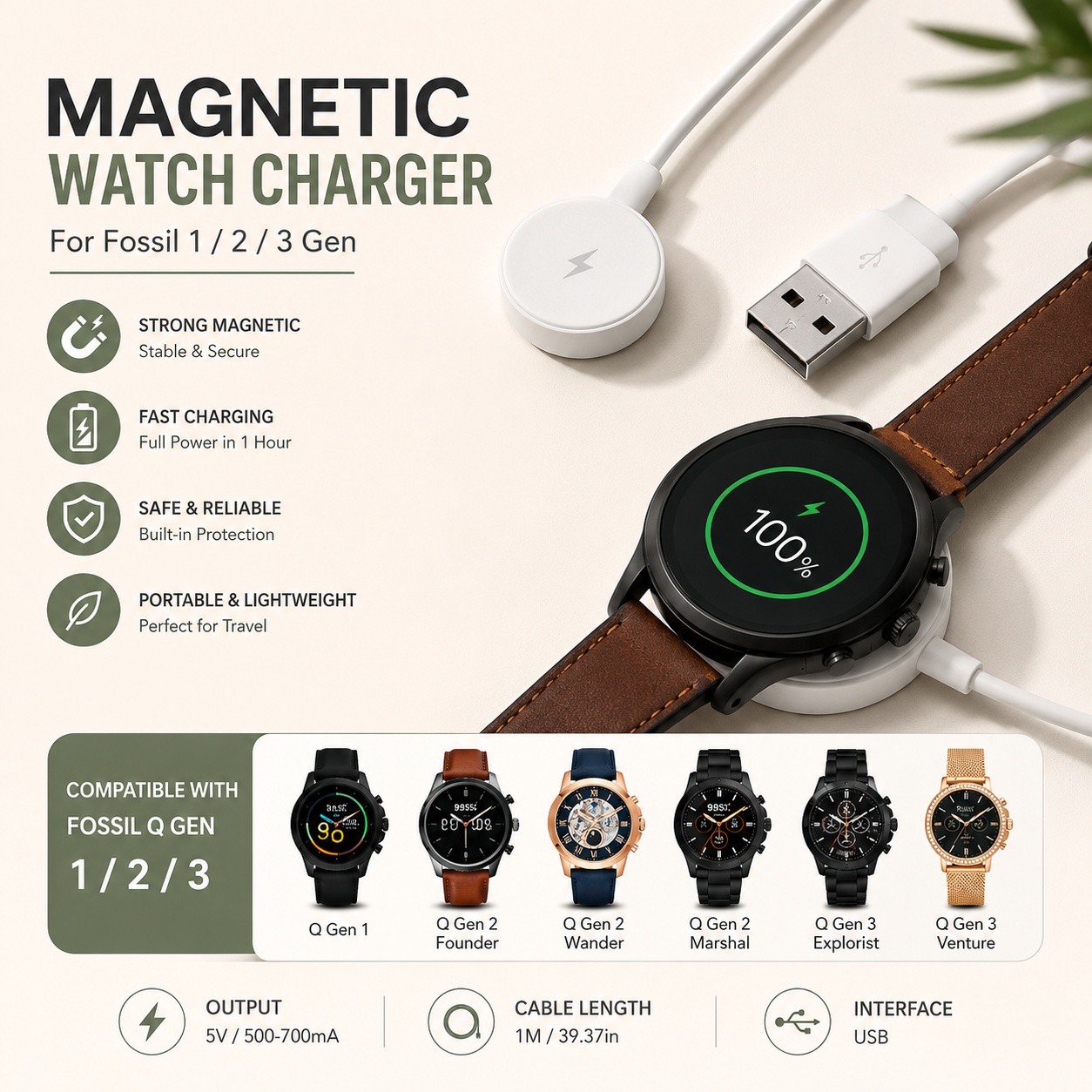 Fossil Smartwatch Accessories - USB ウォッチ充電器アダプター スマートウォッチ充電ケーブル ドック交換用アクセサリー Fossil Gen
