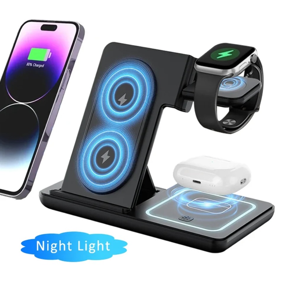 Smartwatch Ac - ナイトLEDライト付き3in1ワイヤレス充電器 折りたたみ式スタンド iPhone、Samsung、Apple Watch 2-11 SE、Airpods